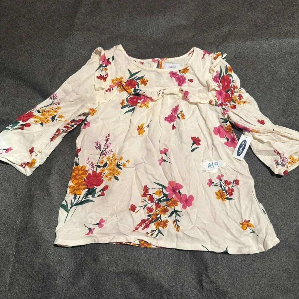 Old Navy Girls Blouse XL 14 Extra Large Cream Floral Long Sleeve Top Shirt New